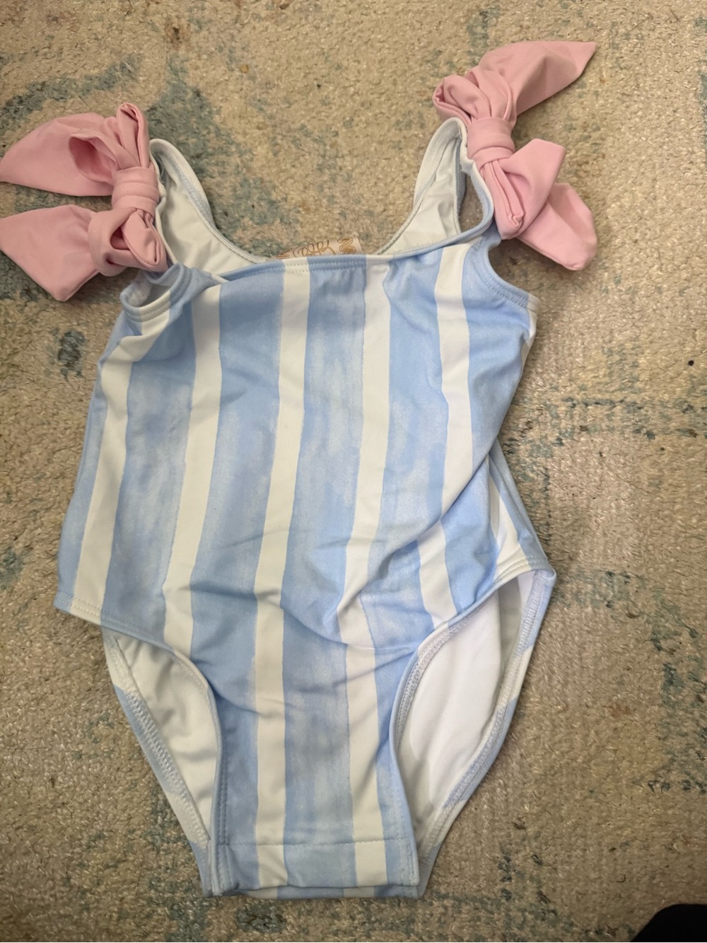 Blue and White Striped One-Piece Swimsuit with Pink Shoulder Bows